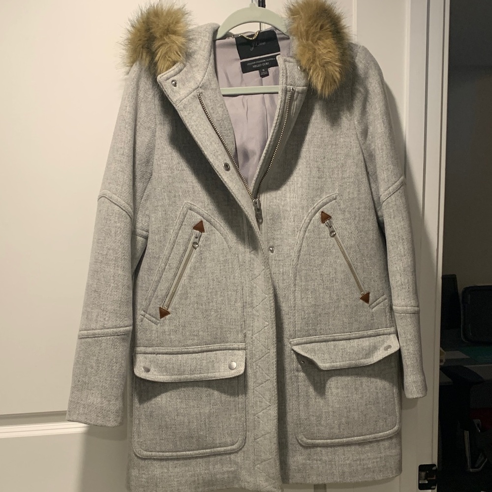 J. Crew wool stadium cloth coat with faux fur hood